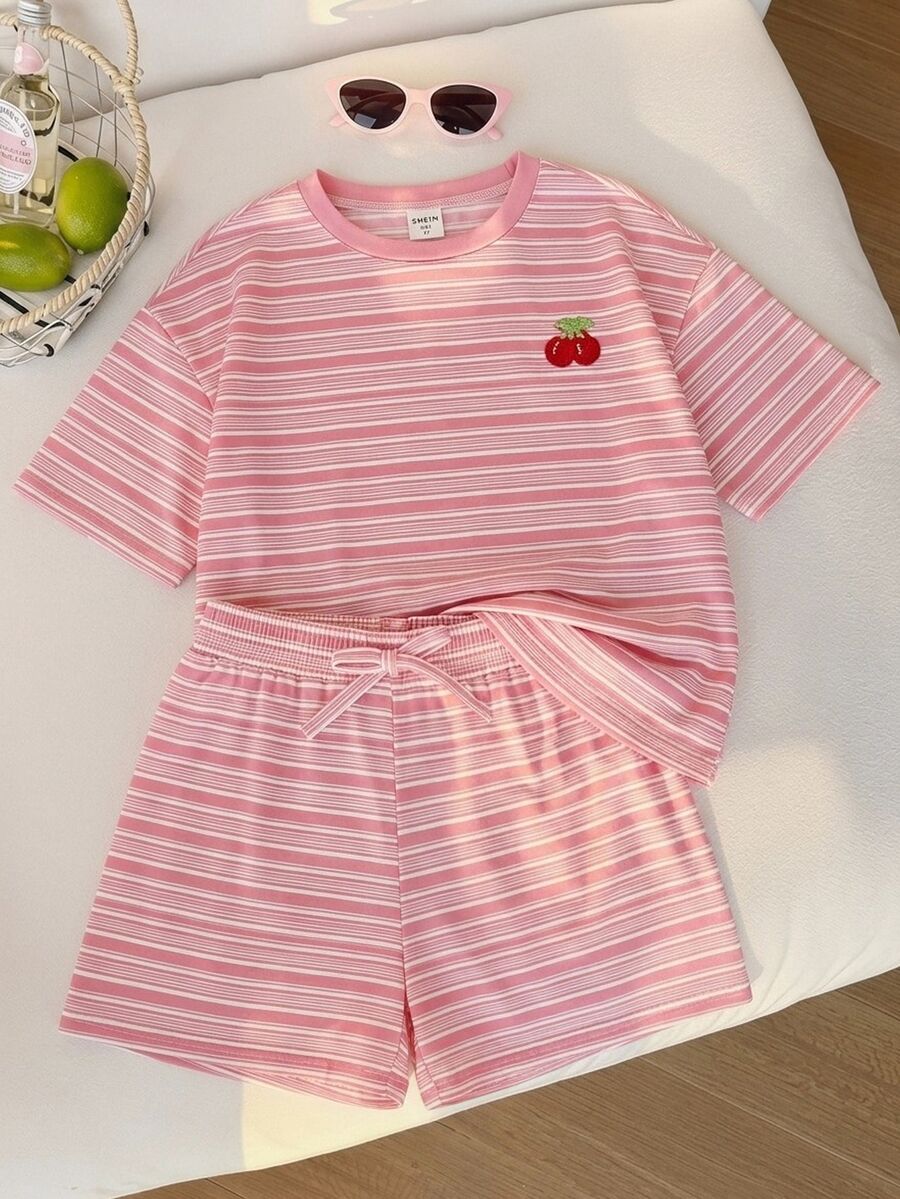 SHEIN Young Girl Striped Cherry Print Round Neck Short Sleeve T-Shirt And Shorts Casual Set - Multicolor - View 1