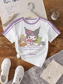 HELLO KITTY AND FRIENDS | SHEIN Kaos Kasual Serbaguna Lengan Pendek Leher Bulat dengan Slogan untuk Remaja Perempuan - Putih - View 3