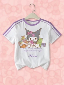 HELLO KITTY AND FRIENDS | SHEIN Kaos Kasual Serbaguna Lengan Pendek Leher Bulat dengan Slogan untuk Remaja Perempuan - Putih - View 1