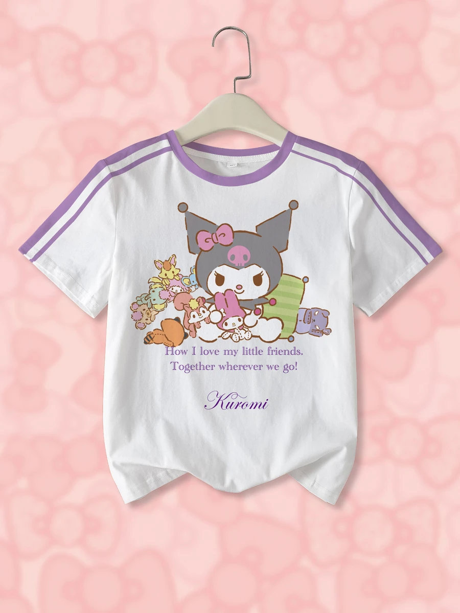 HELLO KITTY AND FRIENDS | SHEIN Kaos Kasual Serbaguna Lengan Pendek Leher Bulat dengan Slogan untuk Remaja Perempuan - Putih - View 1