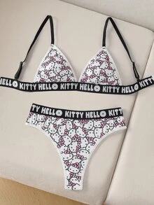 HELLO KITTY AND FRIENDS | SHEIN Damen süßer Katzen-Muster Buchstaben Strick-BH-Set, Sommer - Pink - Übersicht 3