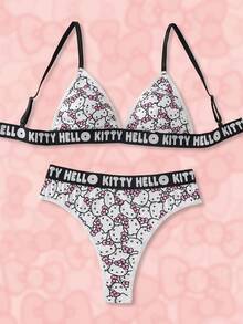 HELLO KITTY AND FRIENDS | SHEIN Damen süßer Katzen-Muster Buchstaben Strick-BH-Set, Sommer - Pink - Übersicht 1