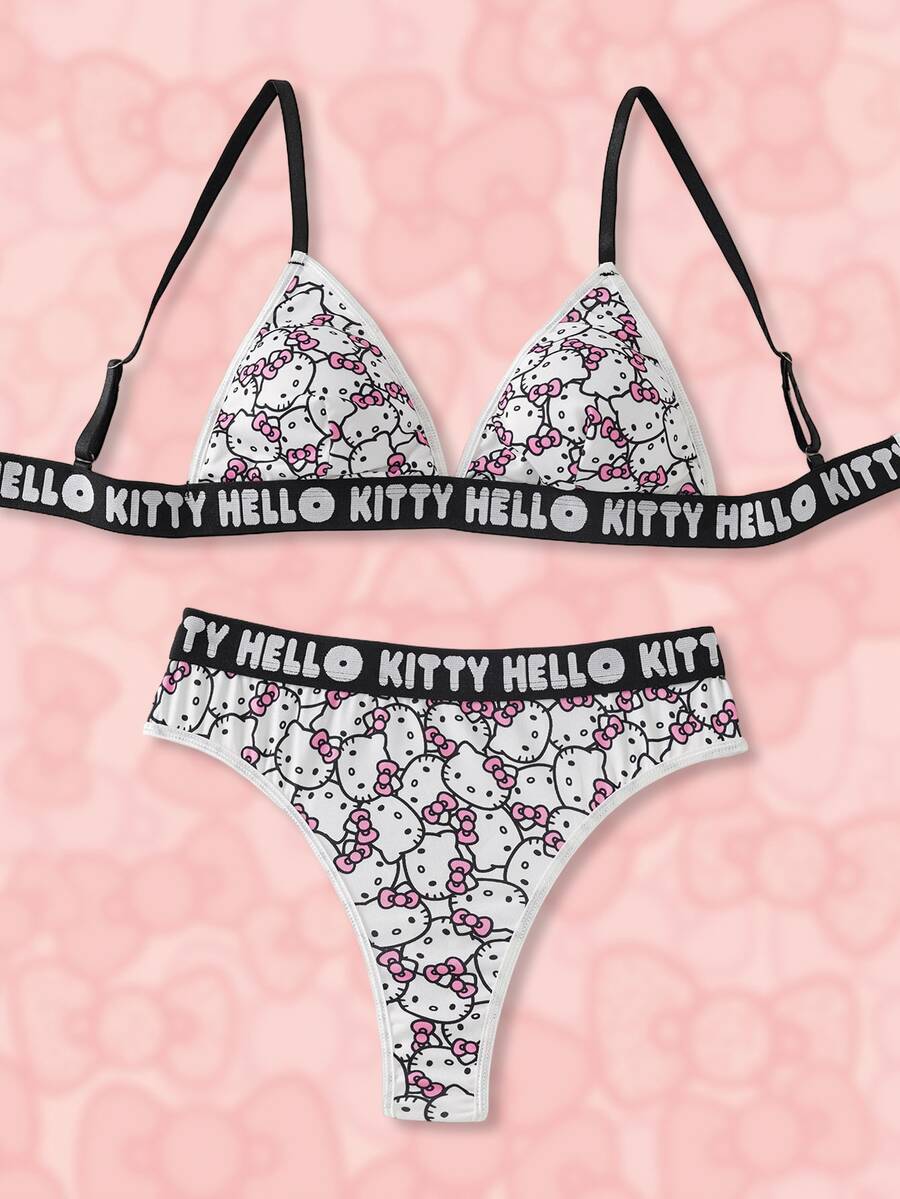 HELLO KITTY AND FRIENDS | SHEIN Damen süßer Katzen-Muster Buchstaben Strick-BH-Set, Sommer - Pink - Übersicht 1