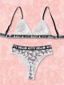 HELLO KITTY AND FRIENDS | SHEIN Damen süßer Katzen-Muster Buchstaben Strick-BH-Set, Sommer - Pink - Übersicht 2