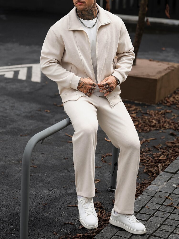 Manfinity CasualCool Men's Solid Color Zip-Up Long Sleeve Jacket And Pants Casual Daily Set - Apricot - View 6