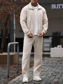 Manfinity CasualCool Men's Solid Color Zip-Up Long Sleeve Jacket And Pants Casual Daily Set - Apricot - View 4