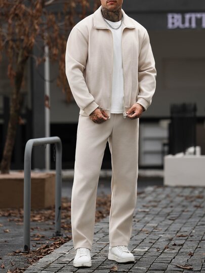 Manfinity Homme Men's Solid Color Zip-Up Long Sleeve Jacket And Pants Casual Daily Set