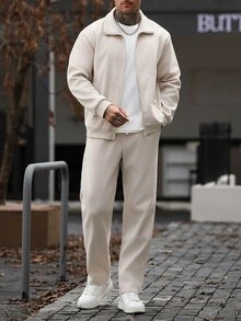 Manfinity CasualCool Men's Solid Color Zip-Up Long Sleeve Jacket And Pants Casual Daily Set - Apricot - View 3