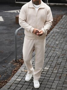 Manfinity CasualCool Men's Solid Color Zip-Up Long Sleeve Jacket And Pants Casual Daily Set - Apricot - View 7