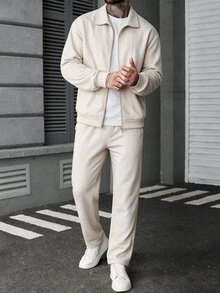 Manfinity CasualCool Men's Solid Color Zip-Up Long Sleeve Jacket And Pants Casual Daily Set - Apricot - View 5