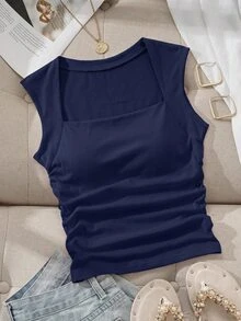 Comfortcana Women's Solid Color Pleated Slim Fit Versatile Casual Basic Modest Top Everyday Navy Blue Summer Everyday Daytime - White - View 3