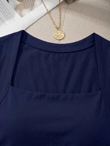 Comfortcana Women's Solid Color Pleated Slim Fit Versatile Casual Basic Modest Top Everyday Navy Blue Summer Everyday Daytime - White - View 5