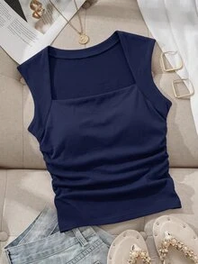 Comfortcana Women's Solid Color Pleated Slim Fit Versatile Casual Basic Modest Top Everyday Navy Blue Summer Everyday Daytime - White - View 7