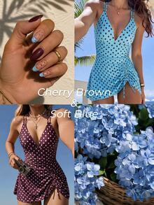 Swim Vcay 女款夏季海灘套裝 花卉印花抽繩交叉肩帶V領抓皺裙褲 性感度假泳裙 - 藍色 - 查看 3