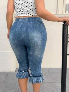 SHEIN CURVE+ Plus Size Denim Effect Print Ruffle Hem Leggings Date Night Brunch Baby Blue, Fall Winter 2026 22W - Blue - View 2