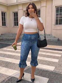 SHEIN CURVE+ Plus Size Denim Effect Print Ruffle Hem Leggings Date Night Brunch Baby Blue, Fall Winter 2026 22W - Blue - View 6