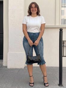 SHEIN CURVE+ Plus Size Denim Effect Print Ruffle Hem Leggings Date Night Brunch Baby Blue, Fall Winter 2026 22W - Blue - View 4