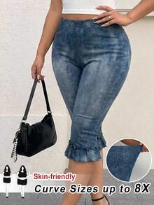 SHEIN CURVE+ Plus Size Denim Effect Print Ruffle Hem Leggings Date Night Brunch Baby Blue, Fall Winter 2026 22W - Blue - View 1