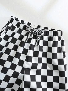 SHEIN 1件兒童青少年男孩休閒運動可愛日常舒適街頭風百搭黑白棋盤格印花直筒長褲，適合外出、學校、日常聚會，春秋夏冬四季皆宜 - 黑與白 - 查看 5