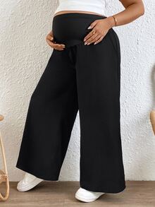 Plussiva 大码孕妇纯色可调节腰围宽松阔腿裤 - 黑色 - 查看 5