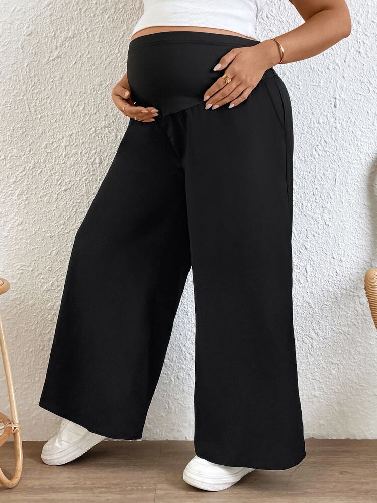 Plussiva Plus Size Maternity Women Solid Color Adjustable Waist Loose Wide Leg Pants - Black - View 5