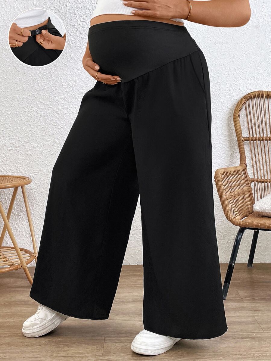 Plussiva 大码孕妇纯色可调节腰围宽松阔腿裤 - 黑色 - 查看 1