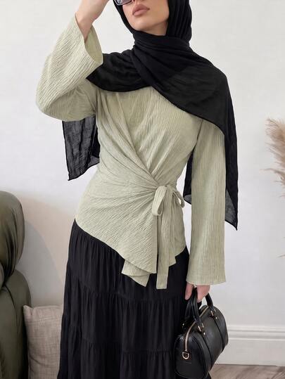 Solavon Women's Solid Color Waist Knot Casual Elegant Modest Versatile Daily Wear Shirt Office Sage Green Autumn