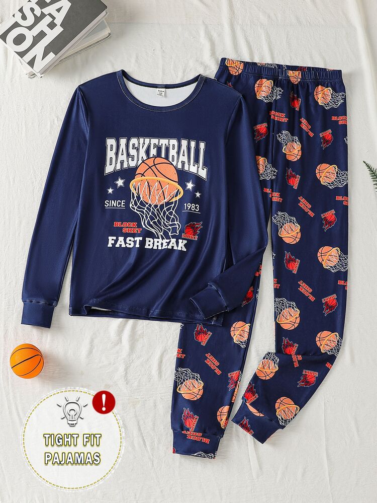 New Slim Fit Men's Teenager Loungewear Top With Winter Elements Print, Patchwork Cuffs, Long Sleeve, Pants With Patchwork Hem, Snug Fit Effect, Made Of Soft Comfortable Fabric With Smooth And Slightly Glossy Texture, Suitable For Spring, Autumn And Winter, Convenient For Indoor And Outdoor Wear - Royal Blue - View 3