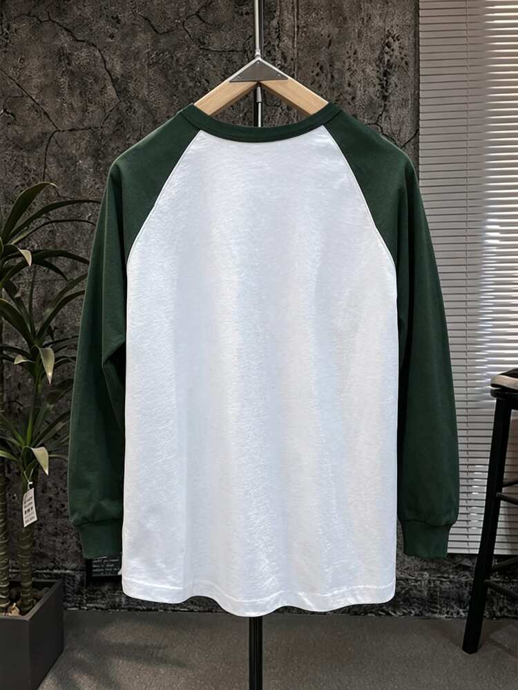 SHEIN Tween Boys Patchwork Colorblock Long Sleeve T-Shirt, Casual College Style, Comfortable, Fashionable, Minimalist, Practical, Versatile, Soft Fabric, Suitable For Daily Wear, School, Travel, Outdoor Sports, All Seasons - Dark Green - View 2