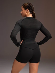 Powerista Women's Minimalist Round Neck Long Sleeve Top And Pocket Shorts Sports Set Quick-Drying, Breathable Running Set Autumn Black Workout Gym Fitness - Black - View 3