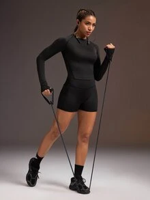 Powerista Women's Minimalist Round Neck Long Sleeve Top And Pocket Shorts Sports Set Quick-Drying, Breathable Running Set Autumn Black Workout Gym Fitness - Black - View 8