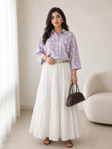 Solavon Plus Size Fashion Elegant Embroidered Single-Breasted Long Sleeve Shirt - Mauve Purple - View 6