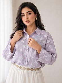 Solavon Plus Size Fashion Elegant Embroidered Single-Breasted Long Sleeve Shirt - Mauve Purple - View 3