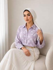 Solavon Plus Size Fashion Elegant Embroidered Single-Breasted Long Sleeve Shirt - Mauve Purple - View 5