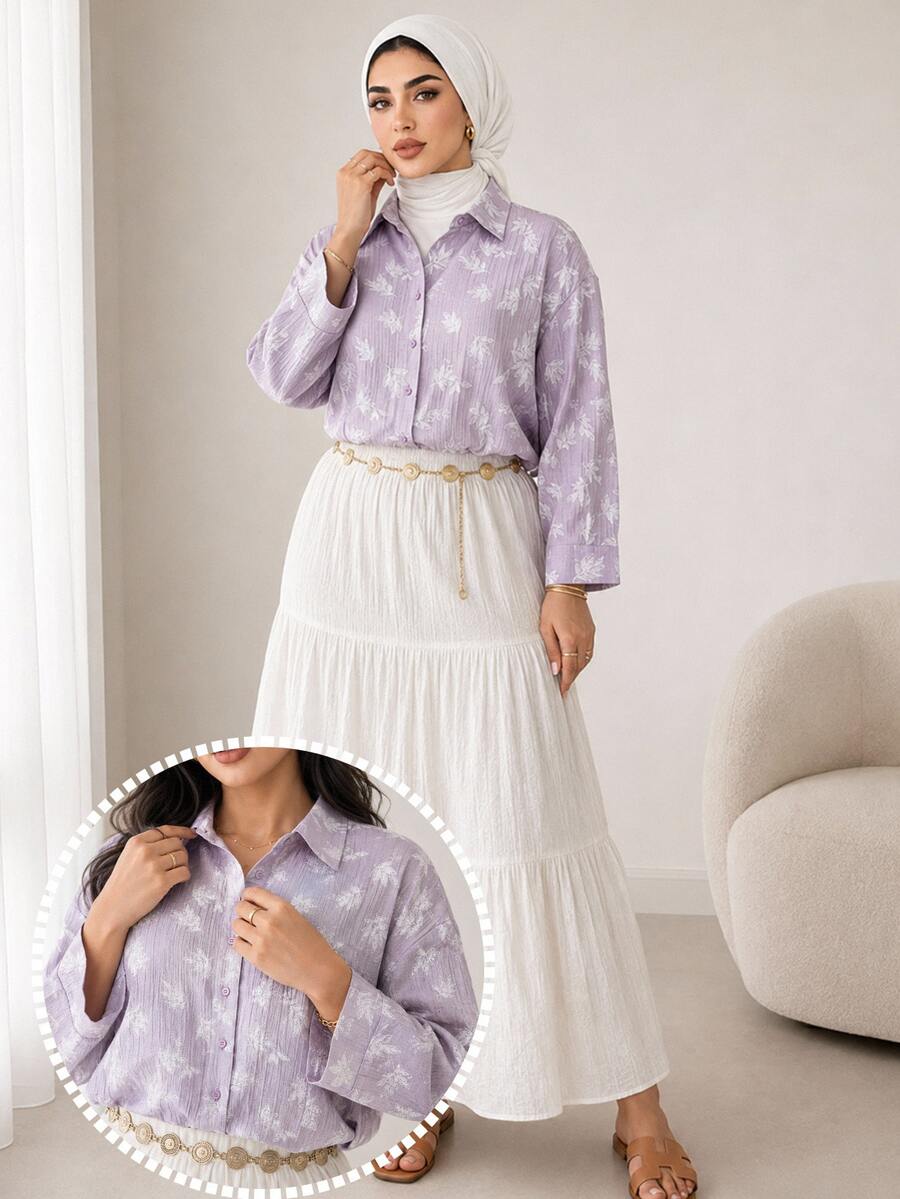 Solavon Plus Size Fashion Elegant Embroidered Single-Breasted Long Sleeve Shirt - Mauve Purple - View 1