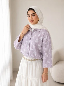 Solavon Plus Size Fashion Elegant Embroidered Single-Breasted Long Sleeve Shirt - Mauve Purple - View 4
