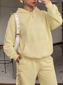 Muchica Plus Size Women's Letter Print Casual Versatile Daily Wear Hooded Sweatshirt Fall - Pale Yellow - View 3