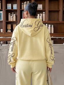 Muchica Plus Size Women's Letter Print Casual Versatile Daily Wear Hooded Sweatshirt Fall - Pale Yellow - View 2
