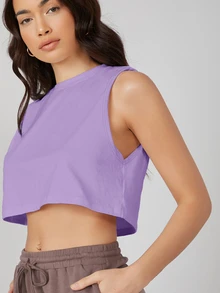 SHEIN BASICS 純色圓領無袖舒適寬鬆短版背心，夏季素色女款休閒基礎上衣，健身運動深紫色 - 紫色 - 查看 4