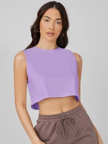 SHEIN BASICS 純色圓領無袖舒適寬鬆短版背心，夏季素色女款休閒基礎上衣，健身運動深紫色 - 紫色 - 查看 5