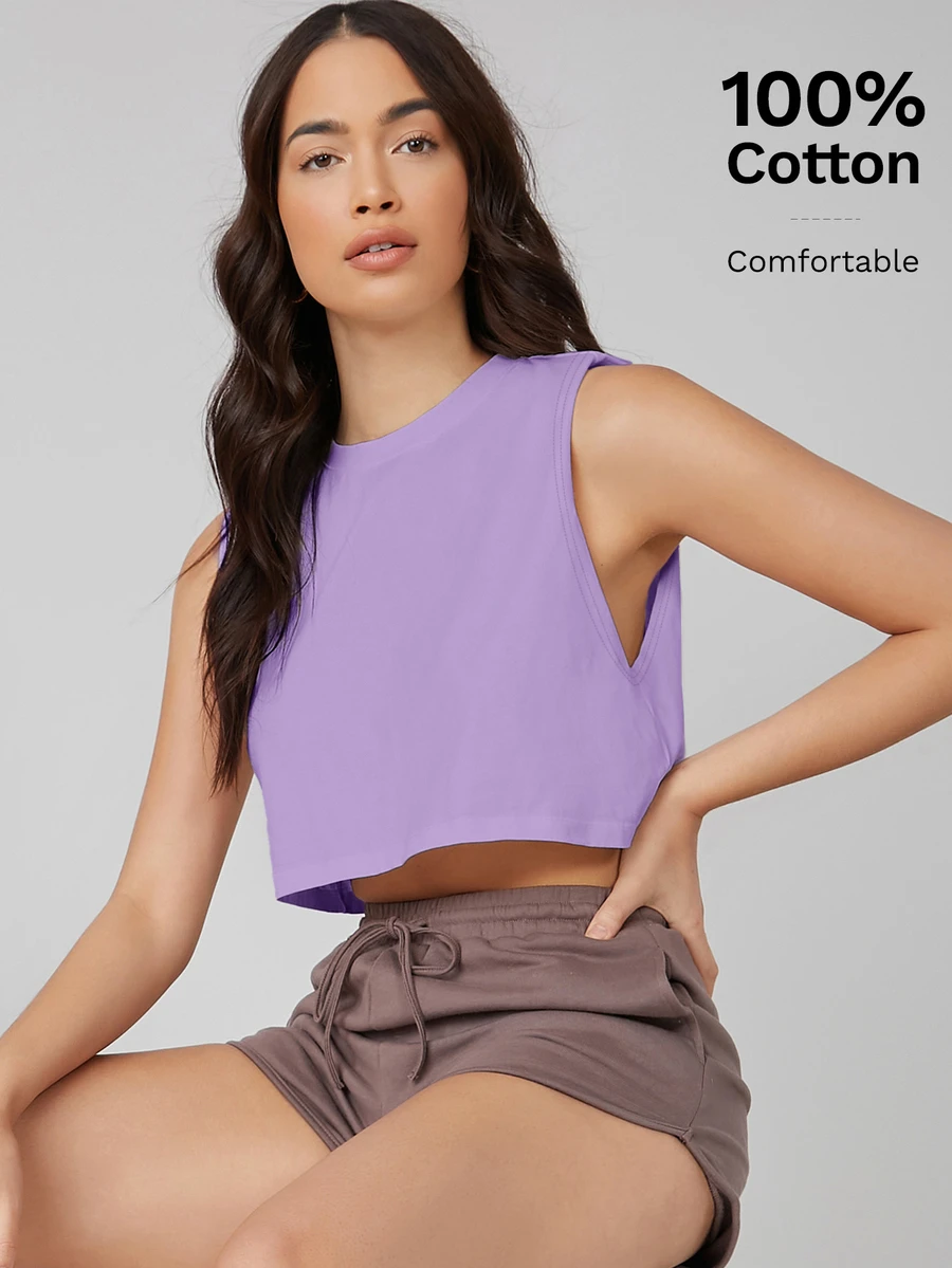 SHEIN BASICS 純色圓領無袖舒適寬鬆短版背心，夏季素色女款休閒基礎上衣，健身運動深紫色