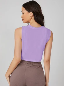 SHEIN BASICS 純色圓領無袖舒適寬鬆短版背心，夏季素色女款休閒基礎上衣，健身運動深紫色 - 紫色 - 查看 3