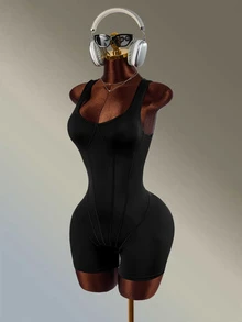 Amplova Women Sports Jumpsuits Backless Cross-Over Shoulder Straps Gym Workout Running Going Out Fashion Casual Sexy Black Bodysuit Tummy Control - Black - View 3