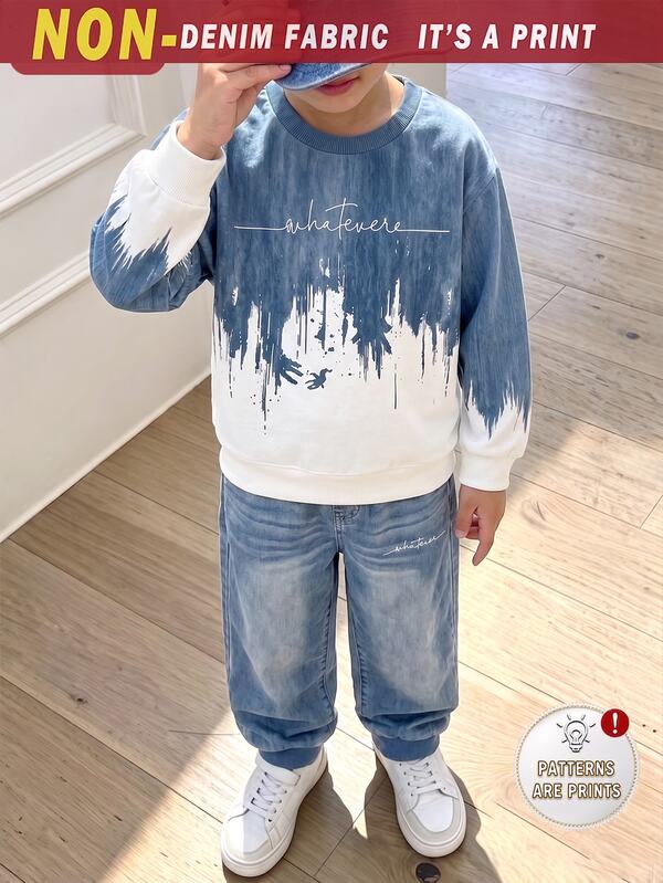 Tween Boys Denim Print Letter Graphic Sweatshirt & Jogger Pants Set, Casual Streetwear 2 Piece Outfit With Ombre Paint Splatter Design