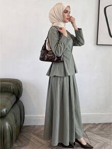 Solavon Women's Solid Color Long Sleeve Single-Breasted Top And Skirt Arabic Costume Set - Green - View 8