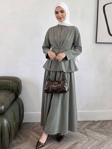 Solavon Women's Solid Color Long Sleeve Single-Breasted Top And Skirt Arabic Costume Set - Green - View 7