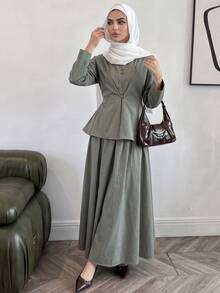 Solavon Women's Solid Color Long Sleeve Single-Breasted Top And Skirt Arabic Costume Set - Green - View 3