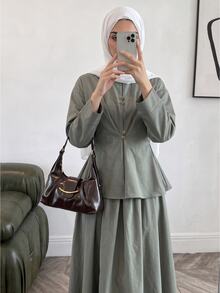 Solavon Women's Solid Color Long Sleeve Single-Breasted Top And Skirt Arabic Costume Set - Green - View 5