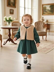 SHEIN Baby Girl 2Pcs Outfit, Fuzzy Vest + Corduroy Puff Sleeve Dress, Fall Winter Warm Baby Girl Clothes - Green - View 8