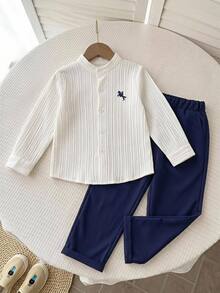 Kids Young Boys Collegiate Style Logo Embroidered Stand Collar Long Sleeve Shirt/Pants Set - Multicolor - View 9